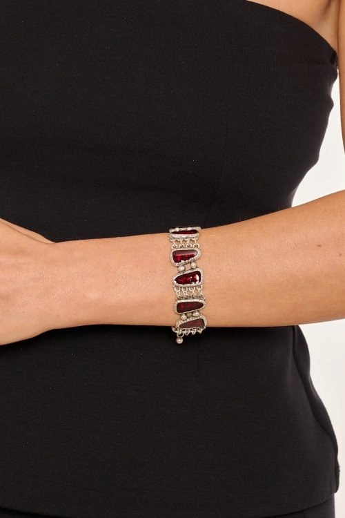 Kiraz Burgundy Enameled Silver Plated Bracelet