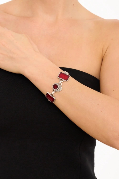 Kiraz Burgundy Enameled Silver Plated Bracelet