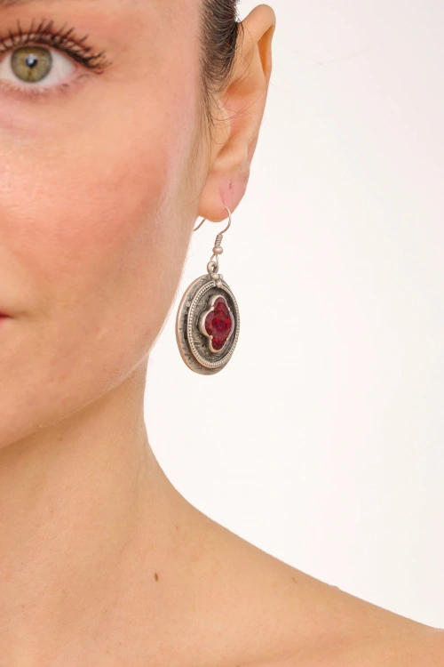 Kiraz Burgundy Enameled Silver Plated Earring
