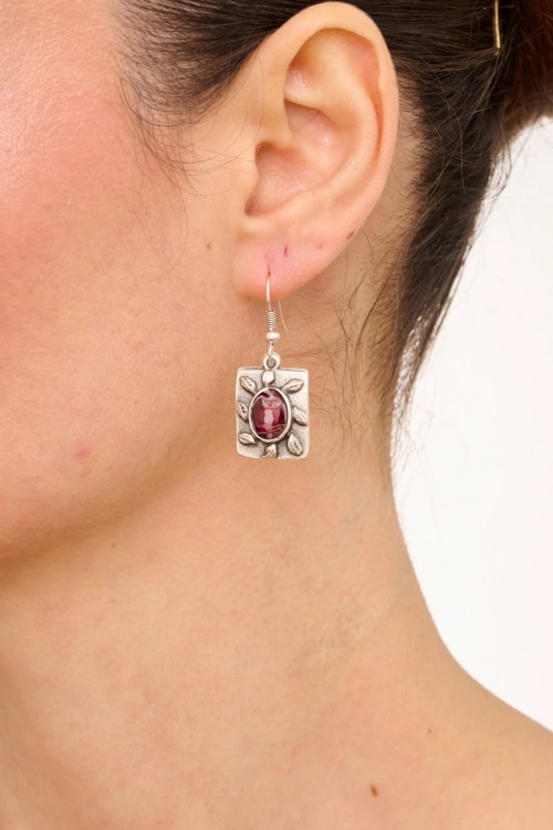 Kiraz Burgundy Enameled Silver Plated Earring