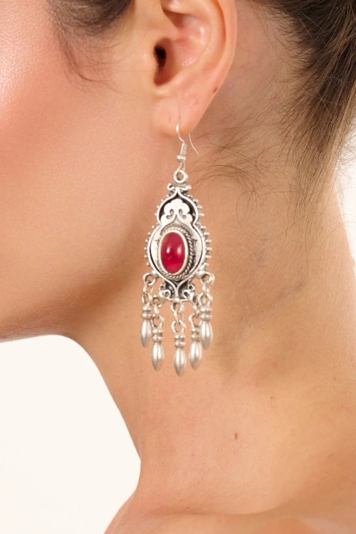 Kiraz Burgundy Enameled Silver Plated Earring