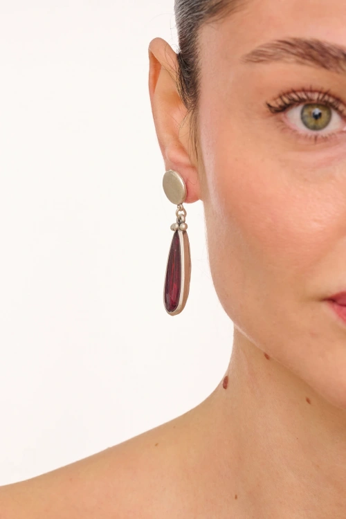 Kiraz Burgundy Enameled Silver Plated Earring