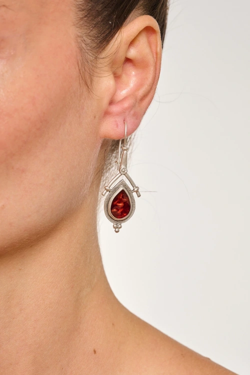 Kiraz Burgundy Enameled Silver Plated Earring