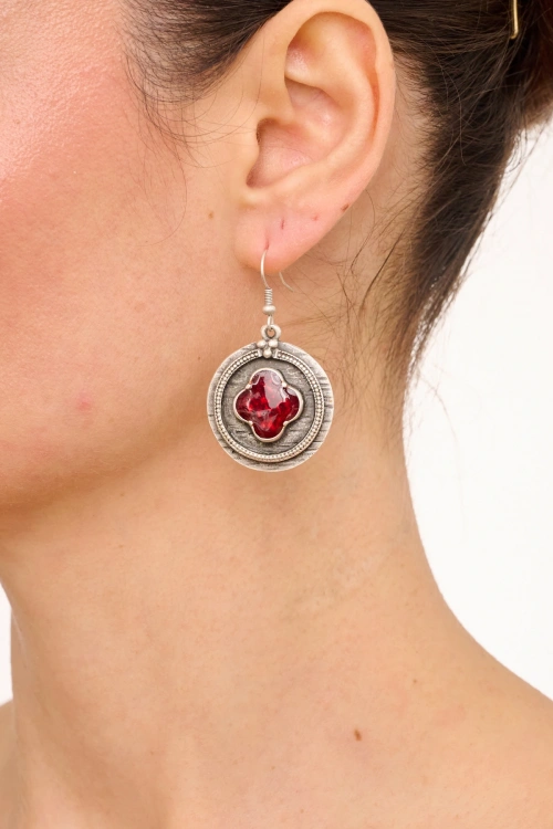Kiraz Burgundy Enameled Silver Plated Earring