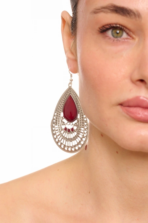 Kiraz Burgundy Enameled Silver Plated Earring