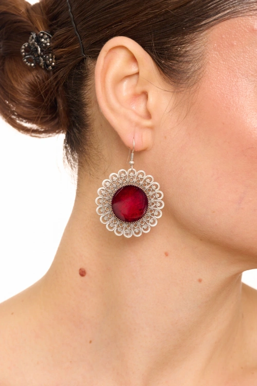 Kiraz Burgundy Enameled Silver Plated Earring
