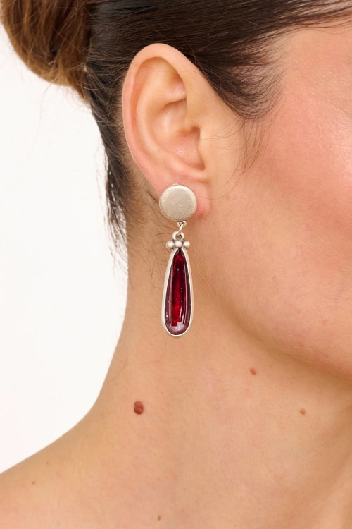 Kiraz Burgundy Enameled Silver Plated Earring