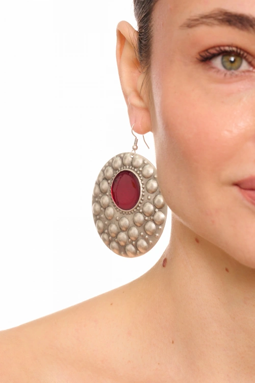 Kiraz Burgundy Enameled Silver Plated Earring