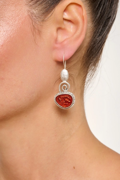 Kiraz Burgundy Enameled Silver Plated Earring