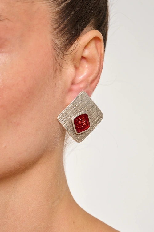 Kiraz Burgundy Enameled Silver Plated Earring