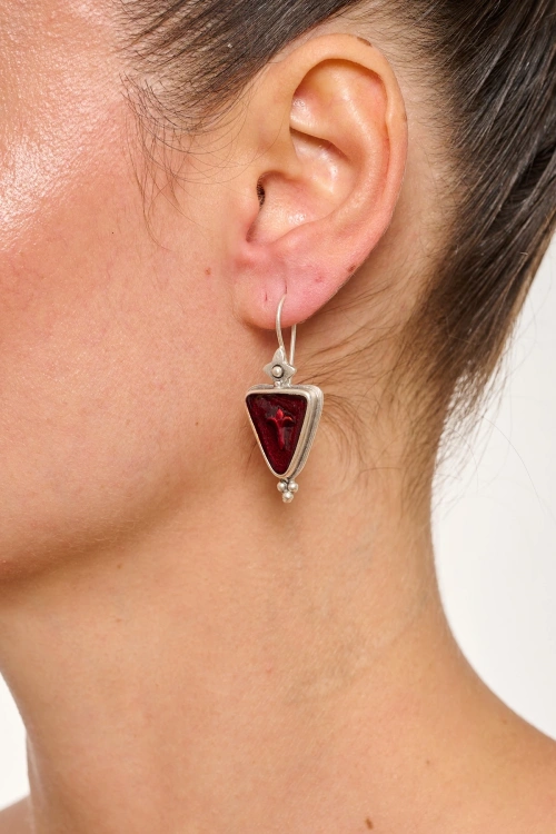 Kiraz Burgundy Enameled Silver Plated Earring