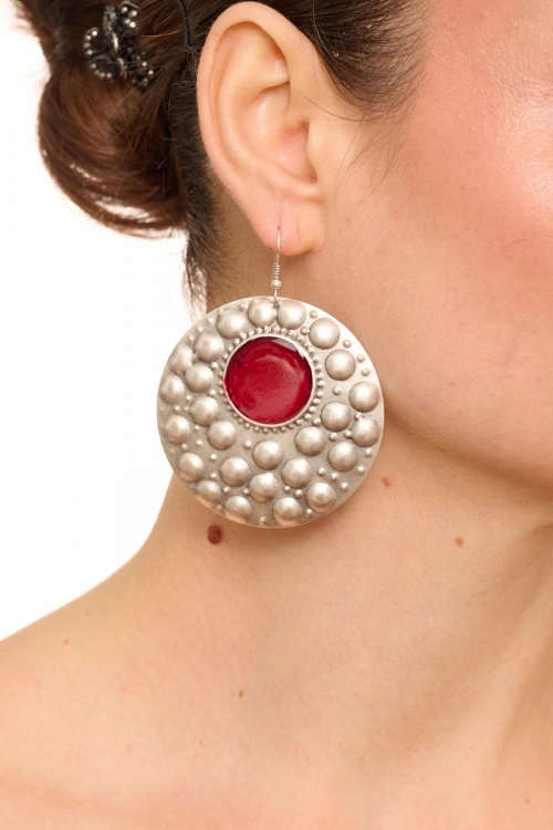 Kiraz Burgundy Enameled Silver Plated Earring