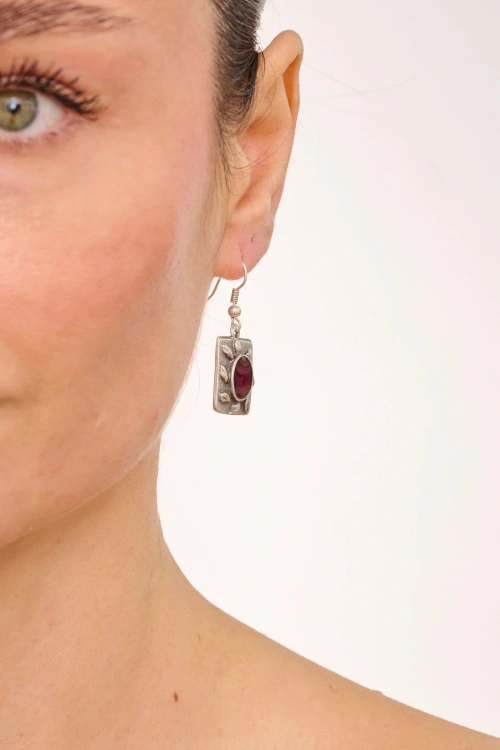 Kiraz Burgundy Enameled Silver Plated Earring