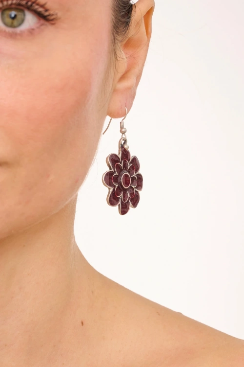 Kiraz Burgundy Enameled Silver Plated Flower Earring