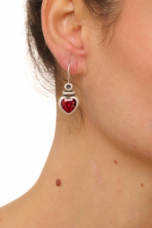 Kiraz Burgundy Enameled Silver Plated Heart Earring