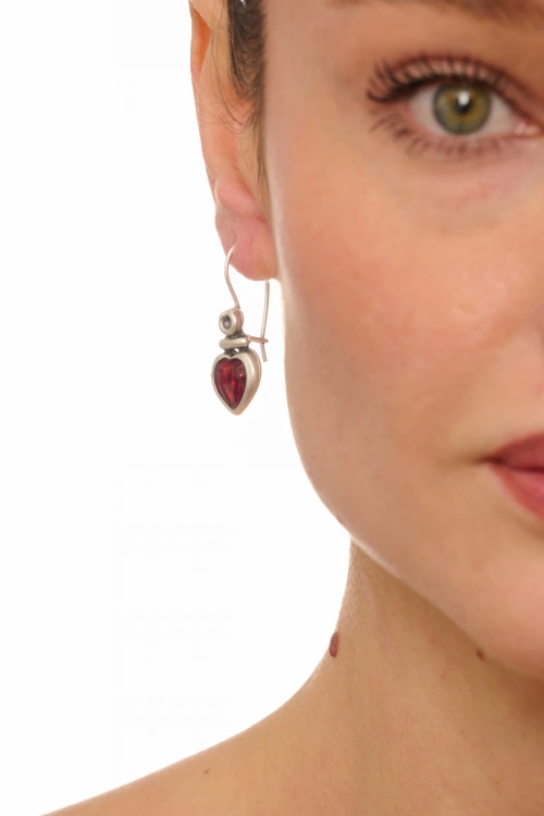 Kiraz Burgundy Enameled Silver Plated Heart Earring