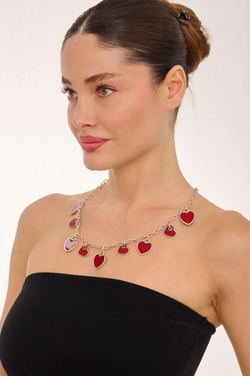 Kiraz Burgundy Enameled Silver Plated Heart Necklace