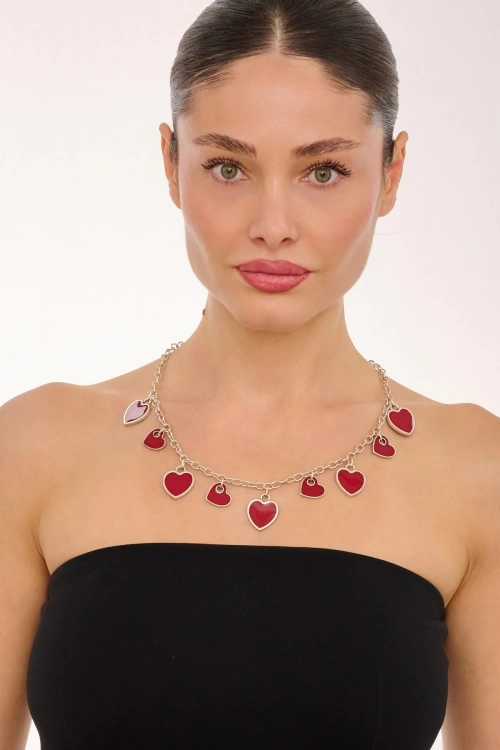 Kiraz Burgundy Enameled Silver Plated Heart Necklace
