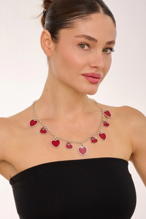 Kiraz Burgundy Enameled Silver Plated Heart Necklace