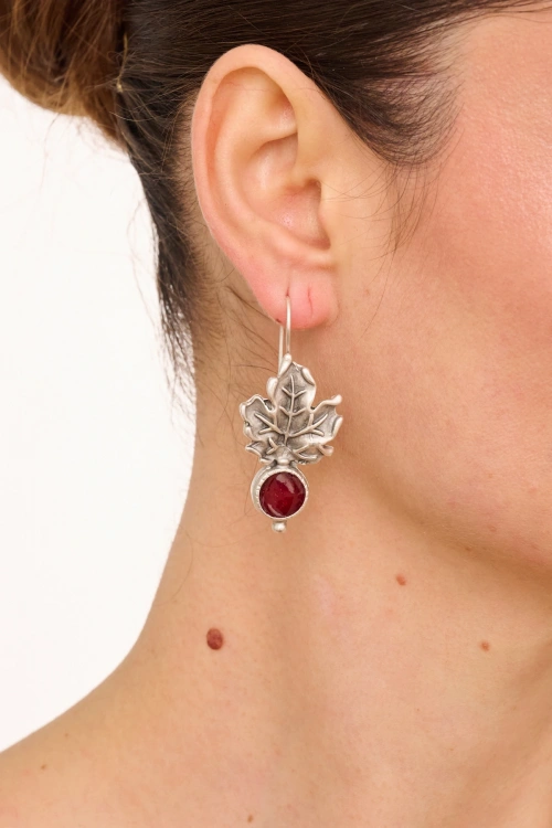 Kiraz Burgundy Enameled Silver Plated Leaf Earring