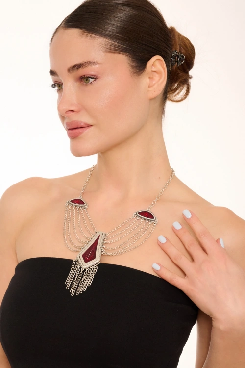 Kiraz Burgundy Enameled Silver Plated Necklace