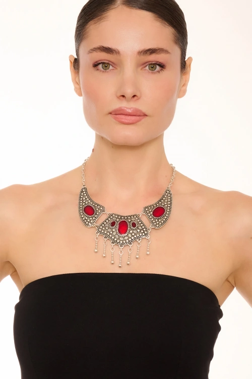 Kiraz Burgundy Enameled Silver Plated Necklace