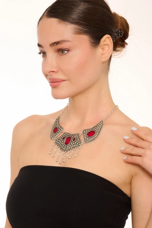 Kiraz Burgundy Enameled Silver Plated Necklace