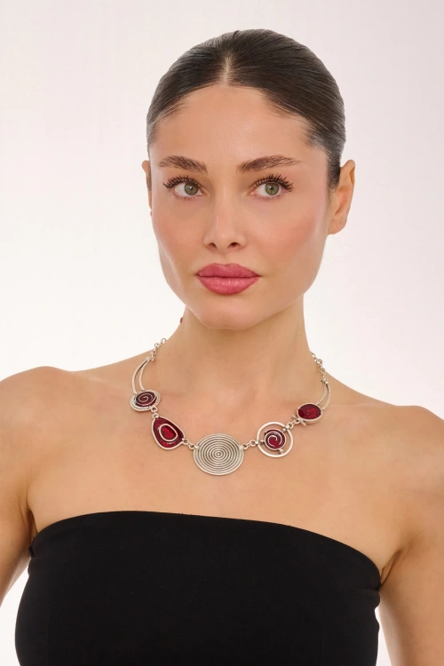 Kiraz Burgundy Enameled Silver Plated Necklace