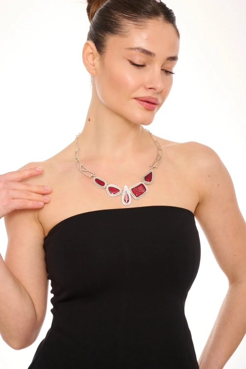 Kiraz Burgundy Enameled Silver Plated Necklace