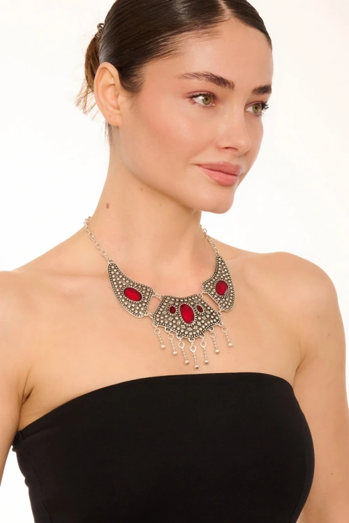 Kiraz Burgundy Enameled Silver Plated Necklace