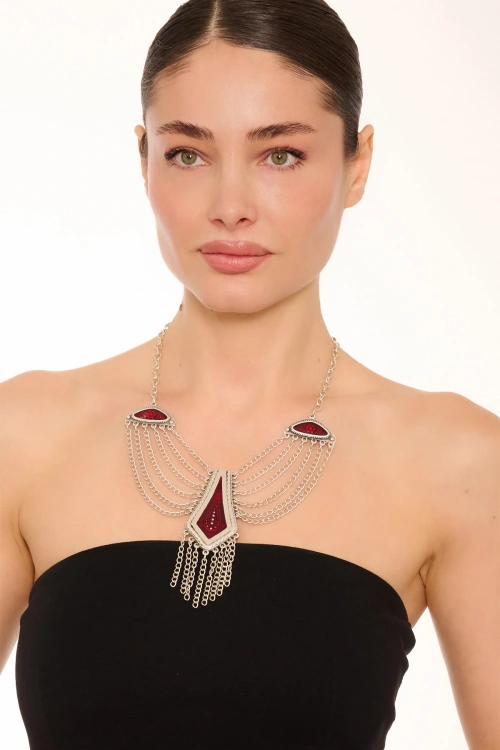 Kiraz Burgundy Enameled Silver Plated Necklace