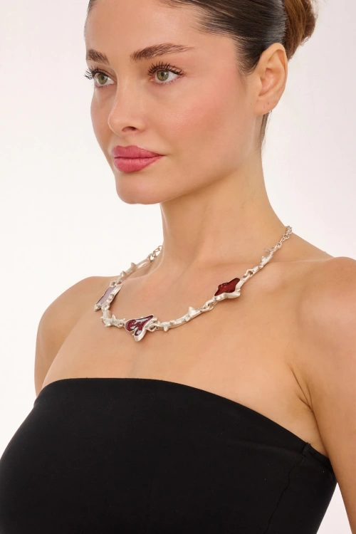 Kiraz Burgundy Enameled Silver Plated Necklace