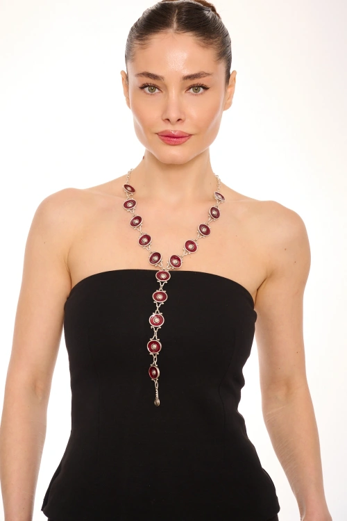 Kiraz Burgundy Enameled Silver Plated Necklace