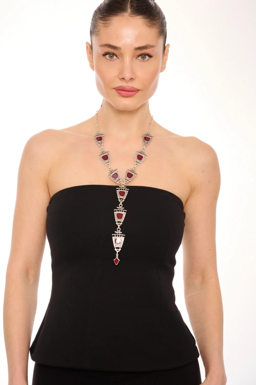 Kiraz Burgundy Enameled Silver Plated Necklace