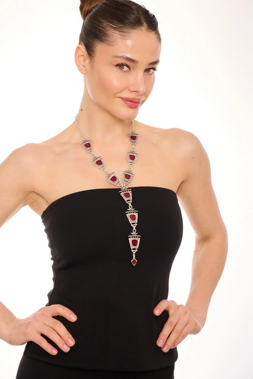 Kiraz Burgundy Enameled Silver Plated Necklace