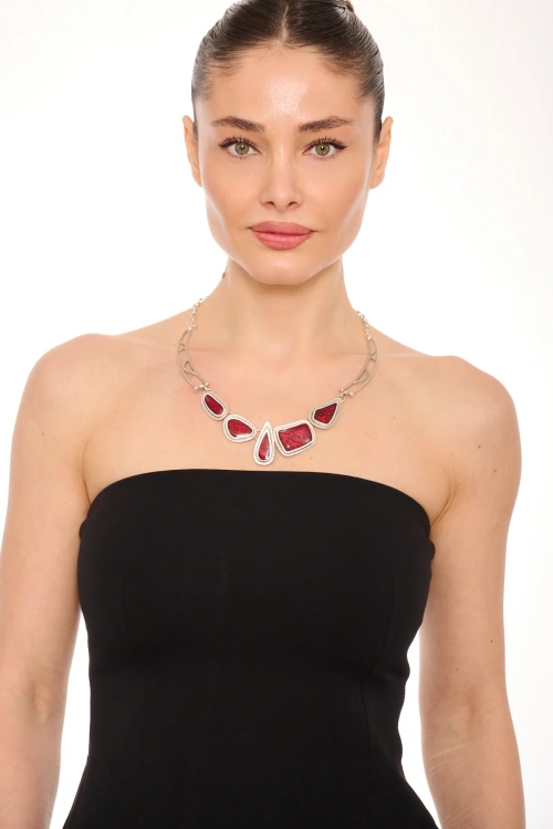 Kiraz Burgundy Enameled Silver Plated Necklace