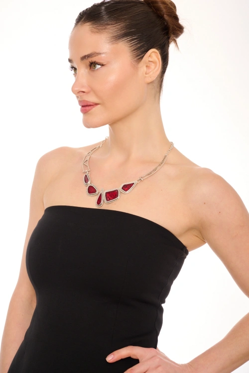 Kiraz Burgundy Enameled Silver Plated Necklace