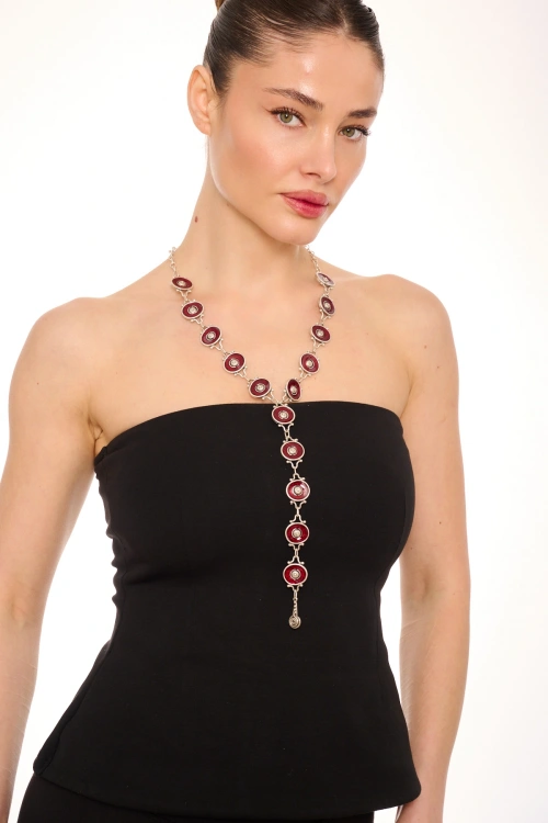 Kiraz Burgundy Enameled Silver Plated Necklace