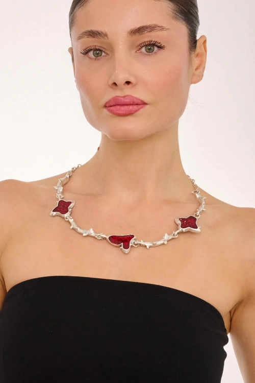 Kiraz Burgundy Enameled Silver Plated Necklace