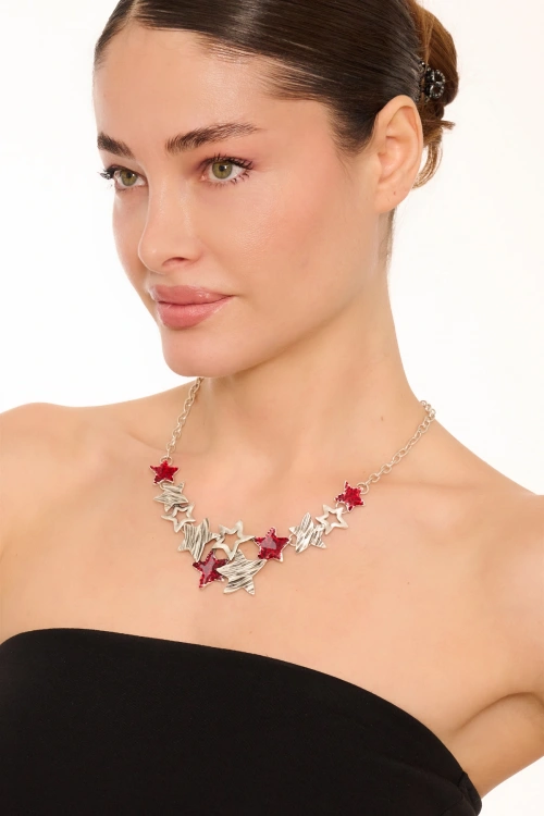 Kiraz Burgundy Enameled Silver Plated Star Necklace