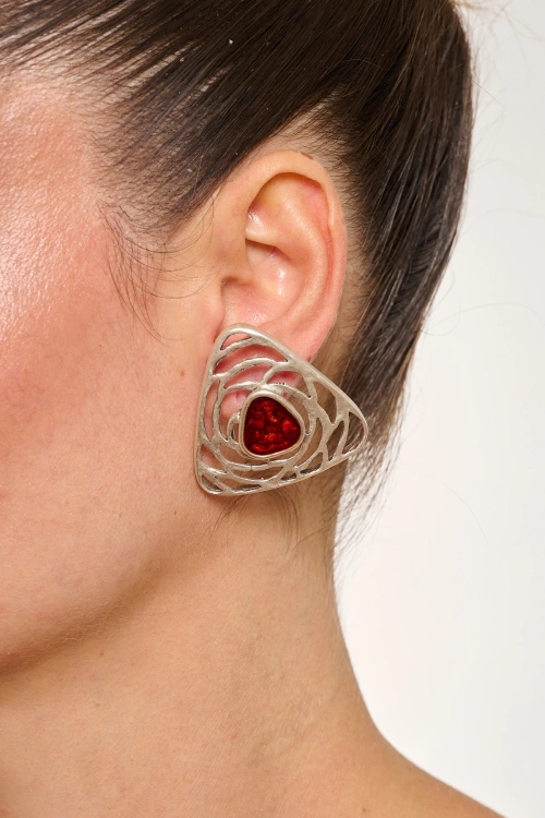 Kiraz Burgundy Enameled Silver Plated Triangle Earring