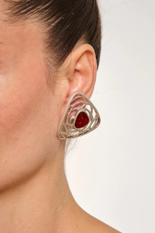 Kiraz Burgundy Enameled Silver Plated Triangle Earring