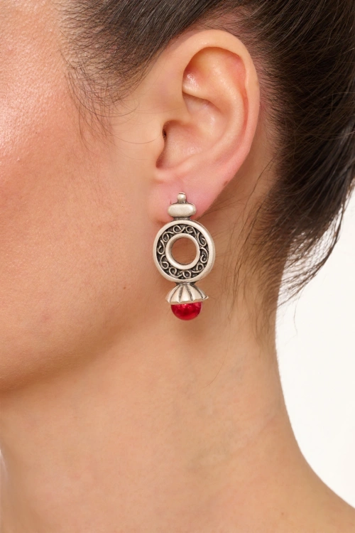 Kiraz Burgundy Pearl Stoned Silver Plated Earring