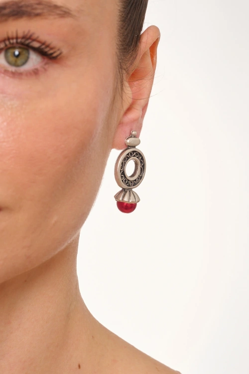 Kiraz Burgundy Pearl Stoned Silver Plated Earring