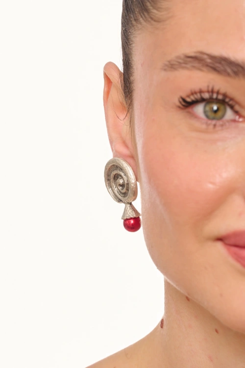 Kiraz Burgundy Pearl Stoned Silver Plated Earring