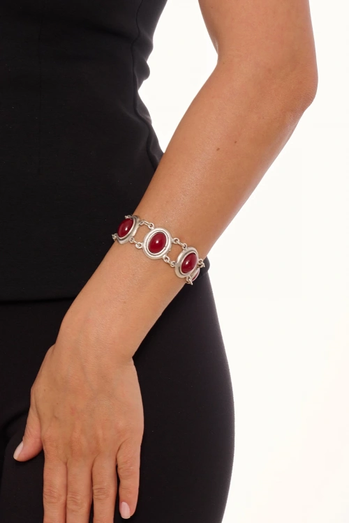 Kiraz Burgundy Stoned Silver Plated Bracelet
