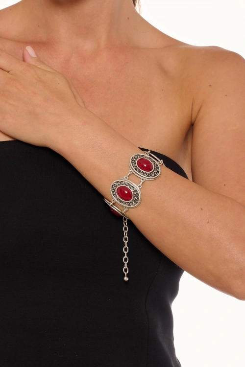 Kiraz Burgundy Stoned Silver Plated Bracelet
