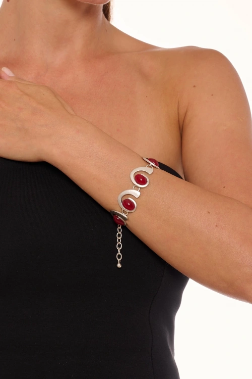 Kiraz Burgundy Stoned Silver Plated Bracelet