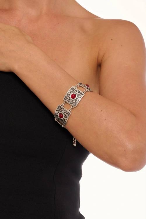 Kiraz Burgundy Stoned Silver Plated Bracelet