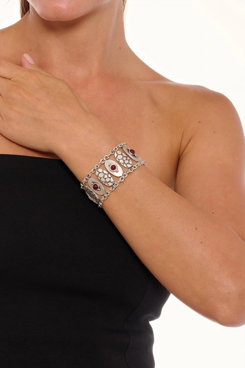 Kiraz Burgundy Stoned Silver Plated Bracelet